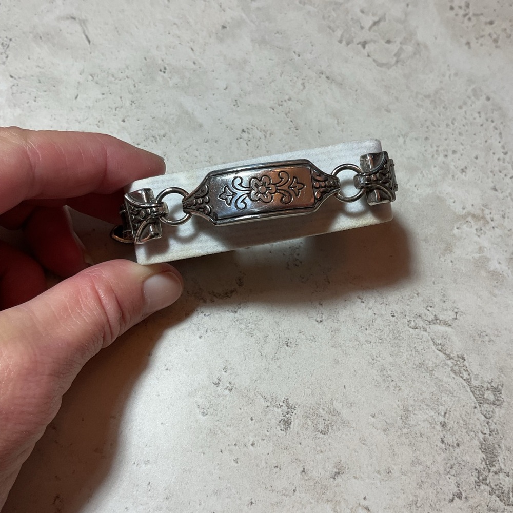 Brighton Floral Silver and Leather Bracelet w/ belt buckle closure, adjustable